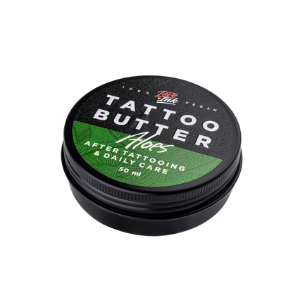 Packshot of Love Ink Tattoo Butter Aloe tin, slightly angled, labeled for after tattooing and daily care, 50 ml.