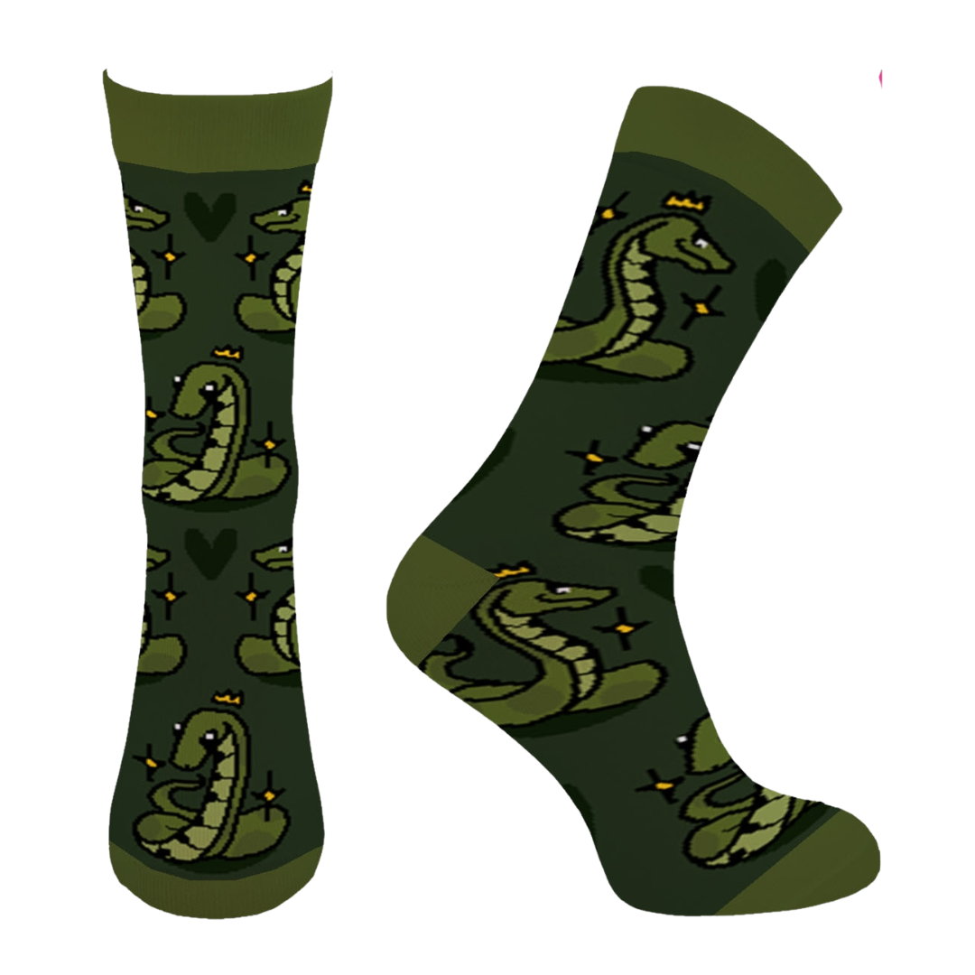 Packshot of green LOVEINK socks featuring a snake with a crown design and heart accents.