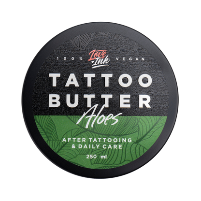 Packshot of Love Ink Tattoo Butter Aloe tin, labeled for after tattooing and daily care, 250 ml.